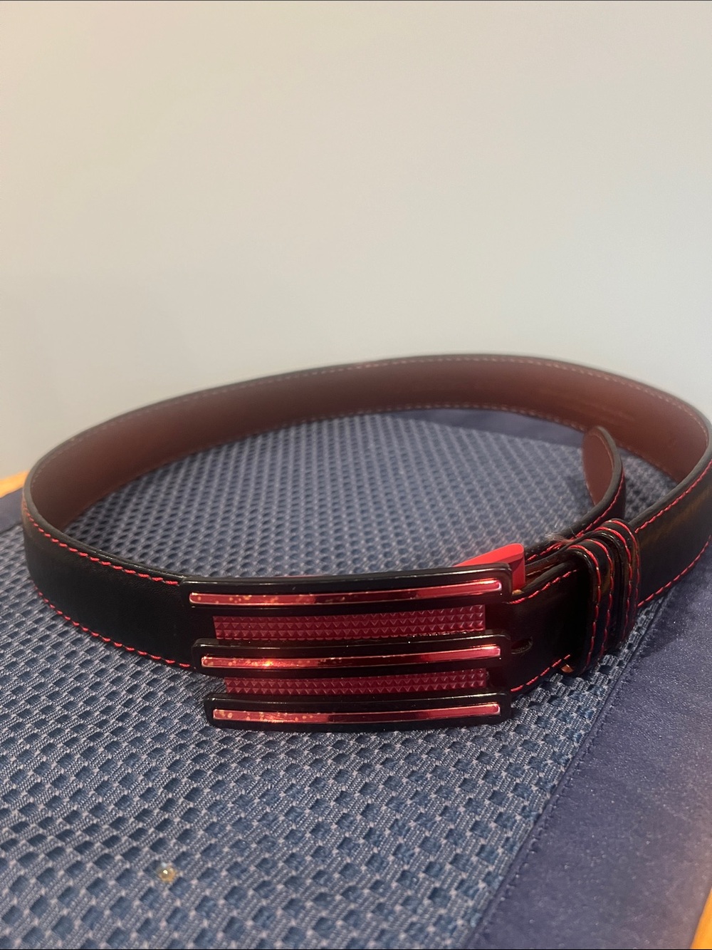 J.Hilburn Black Leather Men's Belt with Red Accent Stitching 29